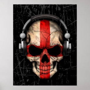 Póster Scratched English Dj Skull with Headphones