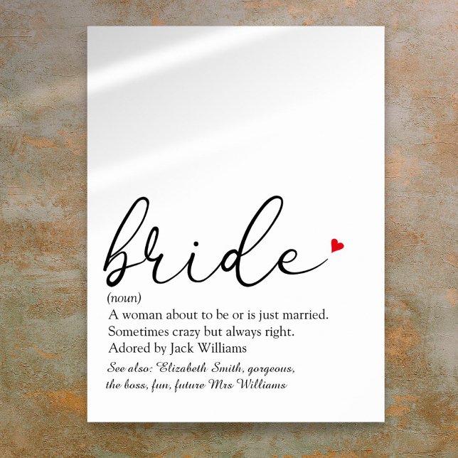 Póster Script Bride Definition Bridal Shower Rótulo (Script Bride Definition Bridal Shower Sign)