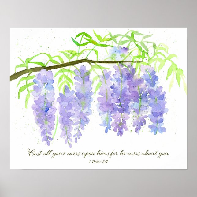 Póster Scripture 1 Peter 5:7 Bible Verse Wisteria Flowers (Frente)
