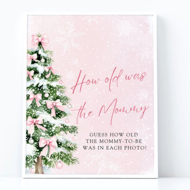 Póster Se dobla el árbol de navidad cuán viejo era mi Rót (Pink Bows Christmas Tree How Old Was Mommy Game Sign)
