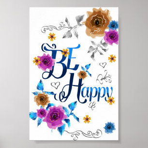 Póster Sé Feliz Cita Positiva Azul Púrpura Flores Doradas