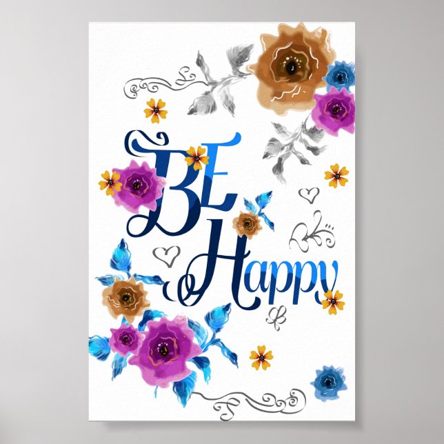 Póster Sé Feliz Cita Positiva Azul Púrpura Flores Doradas (Frente)
