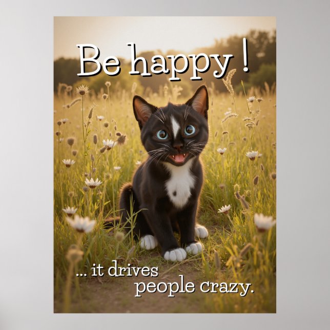 Póster Sé feliz - Impulsa a la gente Loca - Gato (Frente)