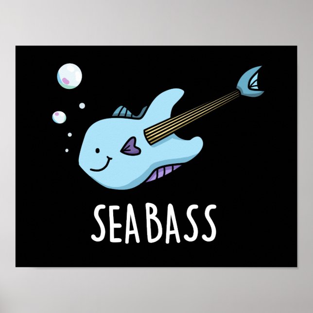 Póster Sea Bass Funny Bass Guitar Fish Pun Dark BG (Frente)