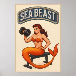 Póster Sea Beast Gym Mermaid | Retro Pin-Up Fitness Art