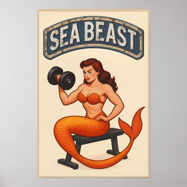 Póster Sea Beast Gym Mermaid | Retro Pin-Up Fitness Art (Frente)