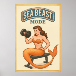 Póster Sea Beast Mode Mermaid - Retro Pin-Up Gym Fitness