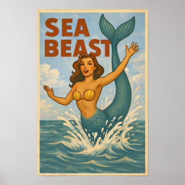 Póster Sea Beast Retro Mermaid | Funny Coastal Beach Art (Frente)