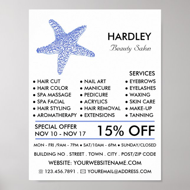 Póster Sea Blue Beach Starfish, Beauticist, Salón De Bell (Frente)