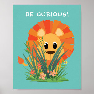 Póster "¡SEA CURIOSO!" León en la hierba, su mensaje o no