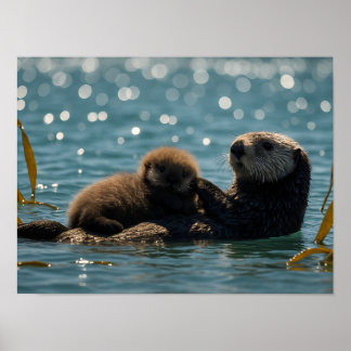 Póster Sea Otter Mom & Pup Floating in Sparkling Ocean 