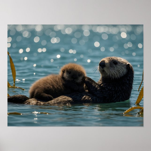 Póster Sea Otter Mom & Pup Floating in Sparkling Ocean  (Frente)