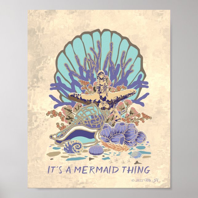 Póster Sea Shore Beach Vibe Verde azulado, Coral, Poster  (Frente)