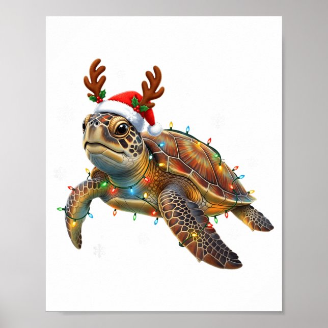 Póster Sea Turtle Christmas Lights Funny Santa Hat Men Wo (Frente)