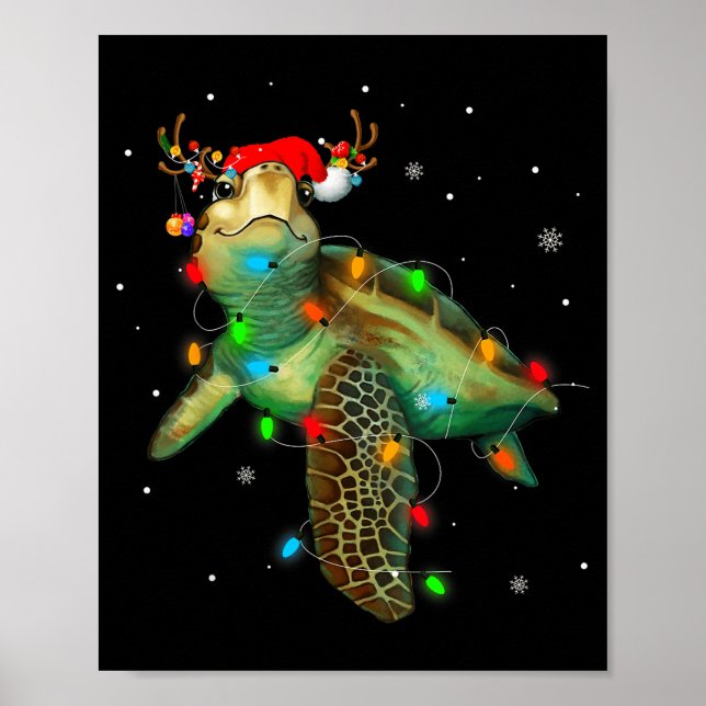 Póster Sea Turtle Christmas Lights Funny Santa Hat Merry  (Frente)