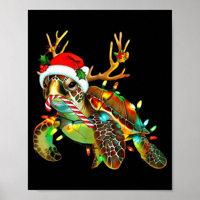 Póster Sea Turtle Christmas Lights Santa Hat Merry Christ (Frente)