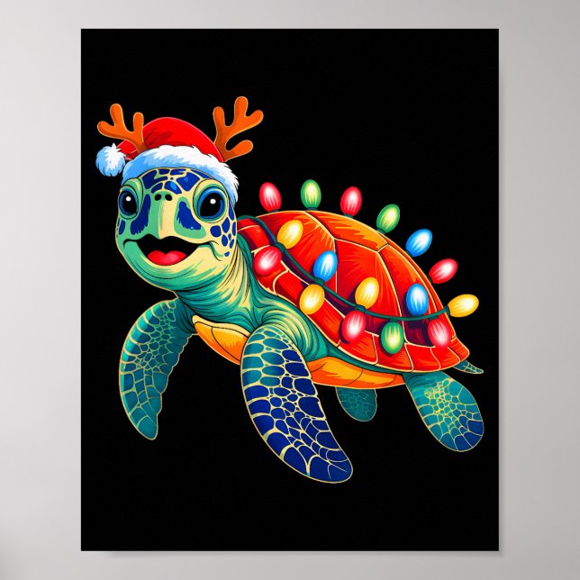 Póster Sea Turtle Christmas Lights Santa Hat Xmas Family  (Frente)