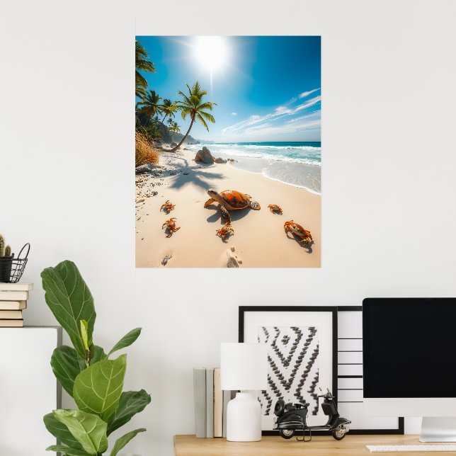Póster Sea Turtle & Crabs on Tropical Beach – Serene Ocea (Oficina en casa)