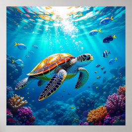 Póster Sea Turtle Vibrant Colorful Underwater Scene