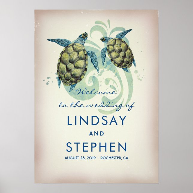 Póster Sea Turtles Beach Wedding Welcome Sign (Frente)
