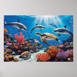 Póster Sea Turtles & Dolphins in Colorful Coral Garden