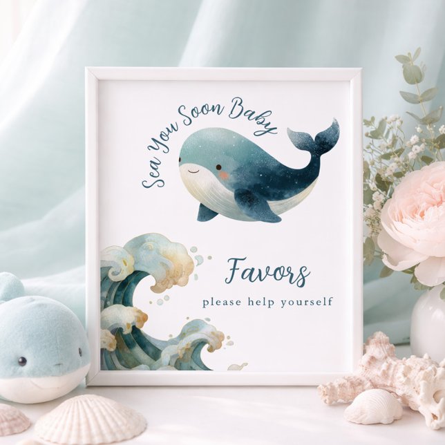Póster Sea You Soon Whale White Baby Shower Favors Sign (Subido por el creador)