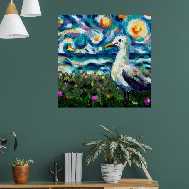Póster Seagull Van Gogh Style Beach Sky Blue Verde azulad (Salón 1)