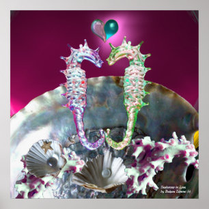 PÓSTER SEAHORSES EN AMOR, MADRE AZUL VERDE AZULADA ROSA D