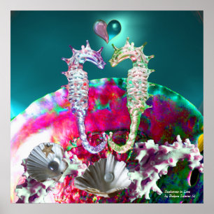 PÓSTER SEAHORSES EN AMOR, MADRE AZUL VERDE AZULADA ROSA D