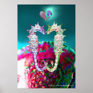 PÓSTER SEAHORSES EN AMOR, MADRE AZUL VERDE AZULADA ROSA D