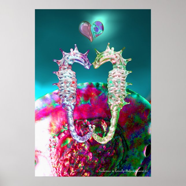 PÓSTER SEAHORSES EN AMOR, MADRE AZUL VERDE AZULADA ROSA D (Frente)