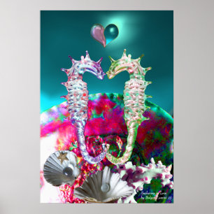PÓSTER SEAHORSES EN AMOR, MADRE AZUL VERDE AZULADA ROSA D