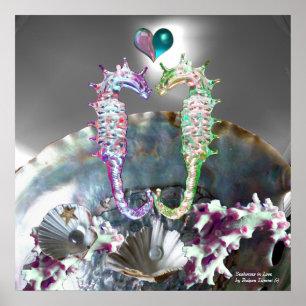 PÓSTER SEAHORSES EN AMOR, MADRE BLANCA ROSA DE PERLA