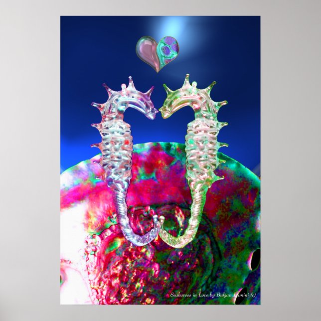 PÓSTER SEAHORSES EN EL AMOR, MADRE DE PERLA AZUL ROSA (Frente)