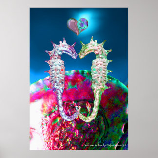 PÓSTER SEAHORSOS EN AMOR Y MADRE AZUL ROSA DE PERLA