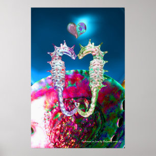 PÓSTER SEAHORSOS EN AMOR Y MADRE AZUL ROSA DE PERLA