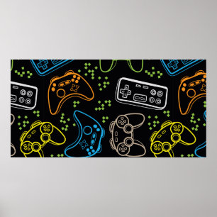 Póster Seamless bright pattern with joysticks. gaming coo