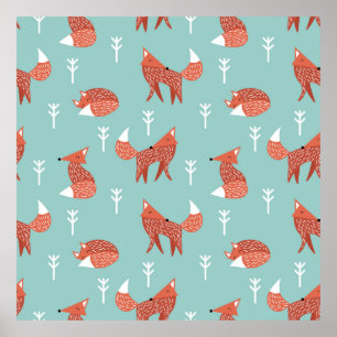 Póster Seamless illustration pattern with cute orange fox
