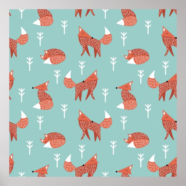 Póster Seamless illustration pattern with cute orange fox (Frente)