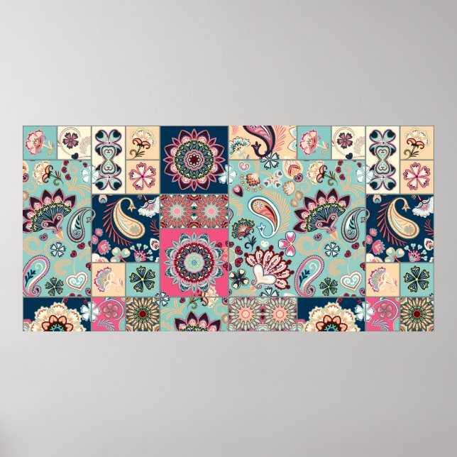 Póster Seamless patchwork background with paisley and flo (Frente)