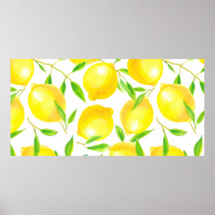 Póster Seamless pattern made of watercolor lemons and lea