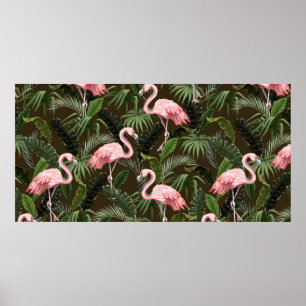 Póster Seamless pattern with flamingo and tropical leaves