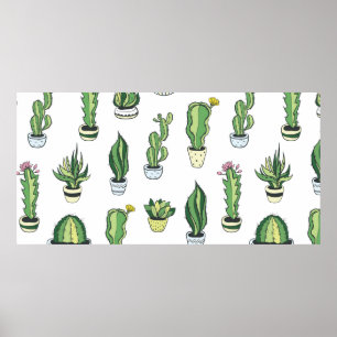 Póster Seamless pattern with green cactus and succulents 