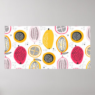 Póster Seamless pattern with hand drawn exotic fruits. Ab