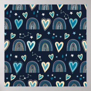 Póster Seamless pattern with hearts, rainbows and celesti