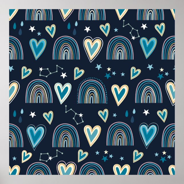 Póster Seamless pattern with hearts, rainbows and celesti (Frente)