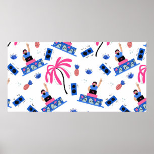 Póster Seamless pattern with joyful dj palm trees pineapp