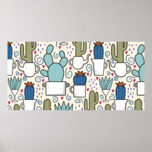 Póster Seamless pattern with llama, cactus hand drawn des