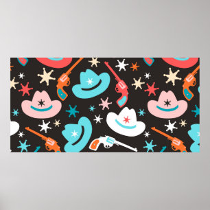 Póster Seamless pattern with revolvers, cowboy hats and s