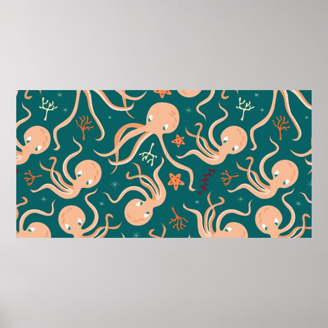 Póster Seamless pattern with underwater ocean animals, cu (Frente)